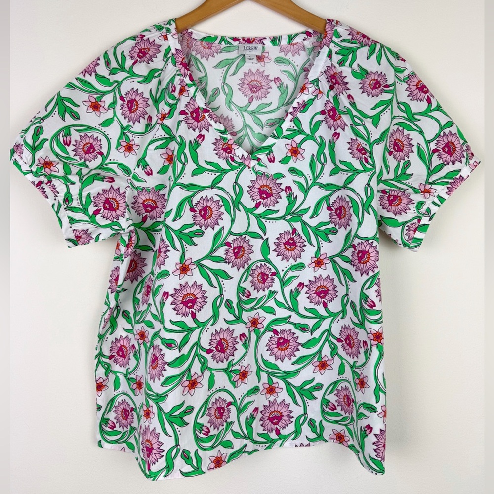 J. Crew Floral V-Neck Blouse in White with Pink & Green Print